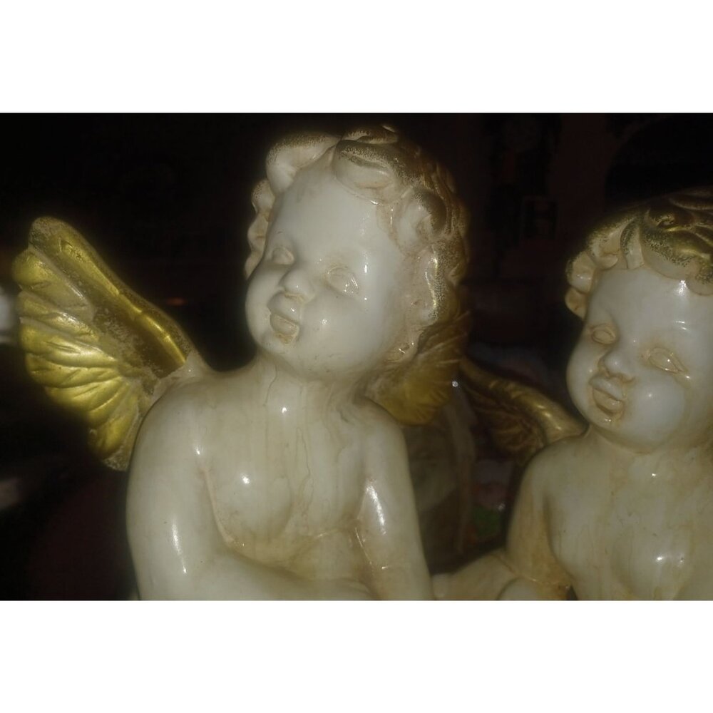 Ceramic Angels Pair White Glazed Antiqued Gold Wings - Picture 6 of 11